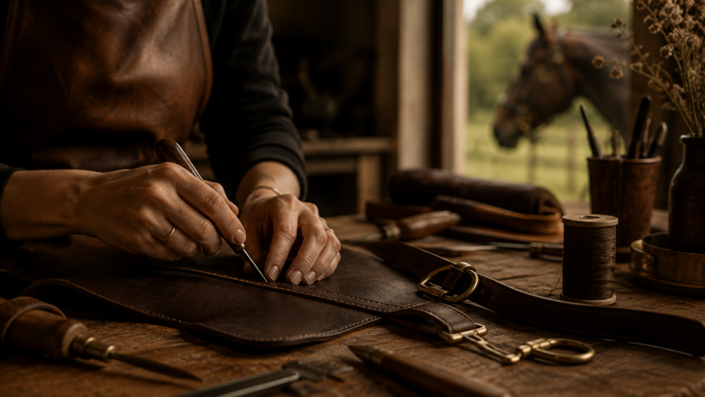 Travail artisanal du cuir dans l’atelier PHILIORA, avec un cheval en arrière-plan