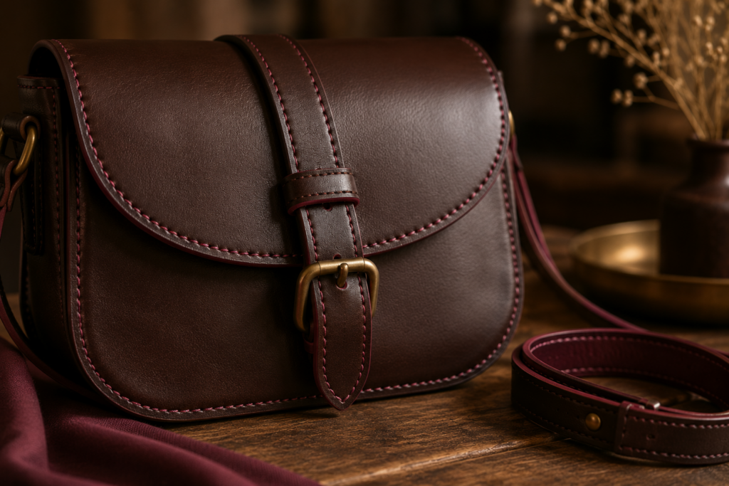 Sac en cuir marron aux lignes inspirées de l’univers équestre