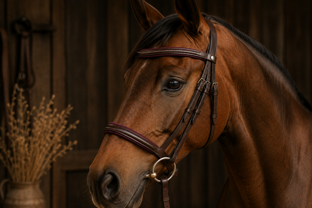 Cheval portant un bridon en cuir marron