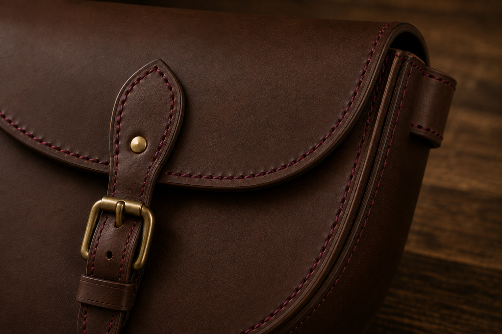 Sac en cuir marron avec coutures contrastées bordeaux et bouclerie en laiton