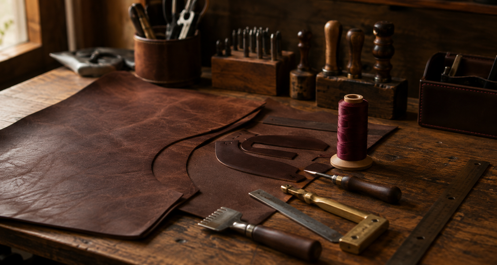 Cuir, outils de maroquinerie et fil disposés sur l’établi de l’atelier