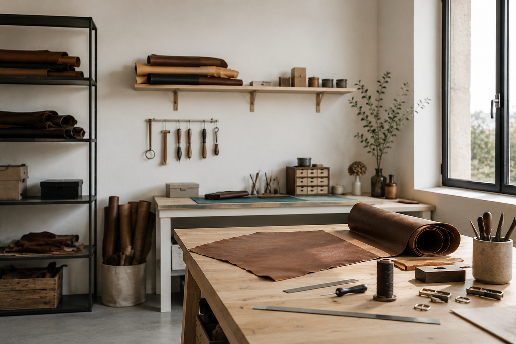 Atelier de maroquinerie avec cuirs, outils et établi de travail