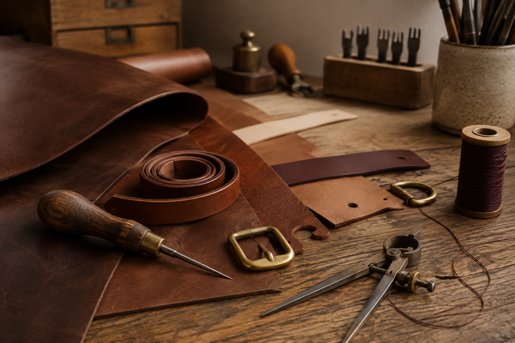 Pièces de cuir, outils de maroquinerie et bouclerie disposés sur un établi