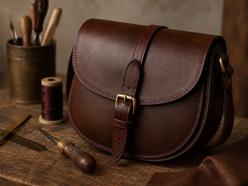 Sac selle en cuir marron avec couture contrastée et bouclerie en laiton