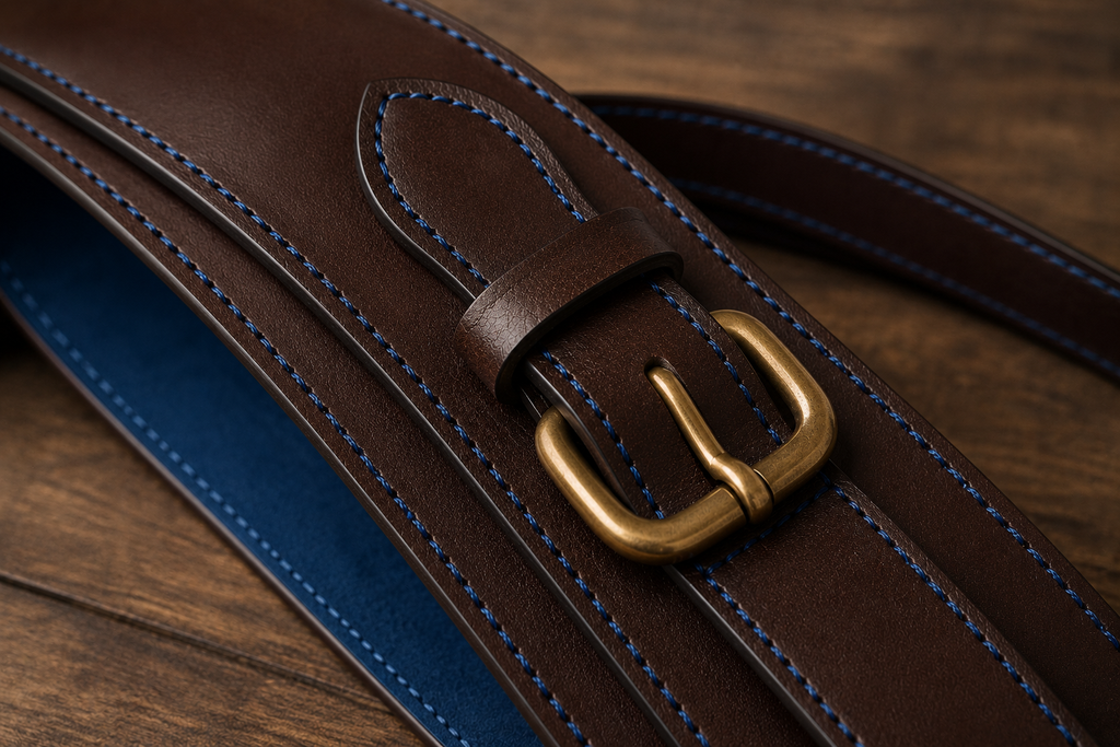 Ceinture en cuir marron avec coutures et doublure bleues contrastées et boucle en laiton