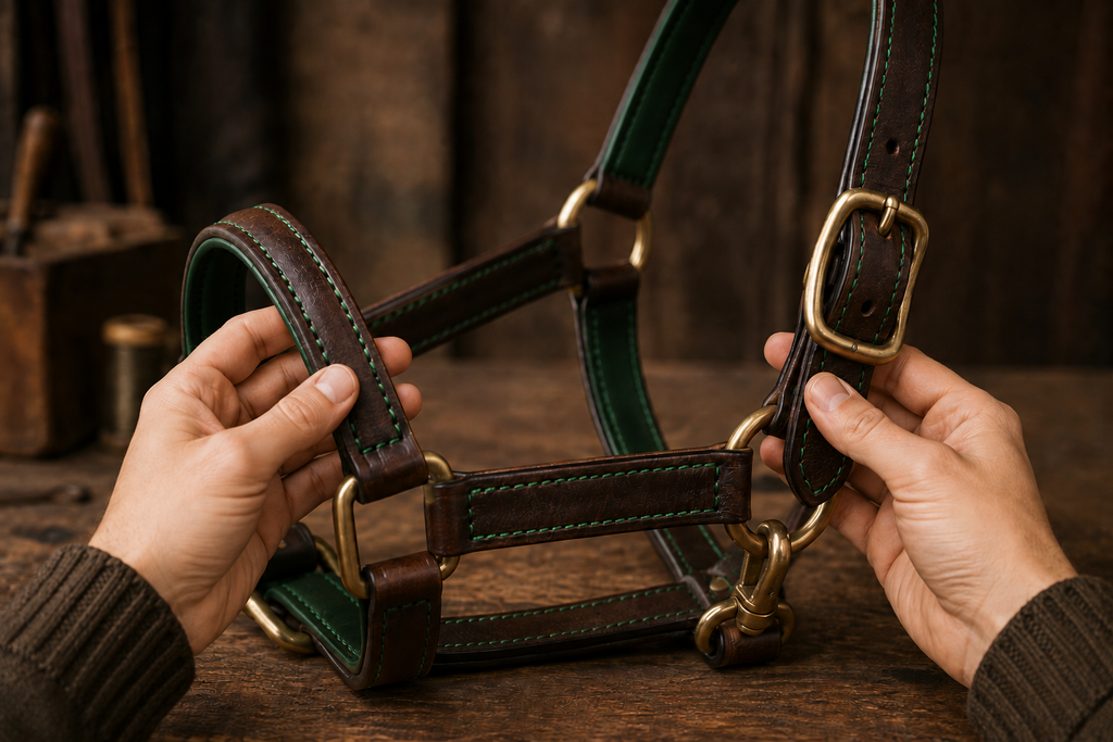 Licol artisanal en cuir marron avec détails verts, tenu à la main dans l’atelier