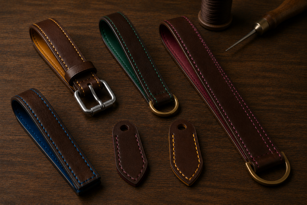 Pièces en cuir marron personnalisées avec doublures colorées et coutures contrastées