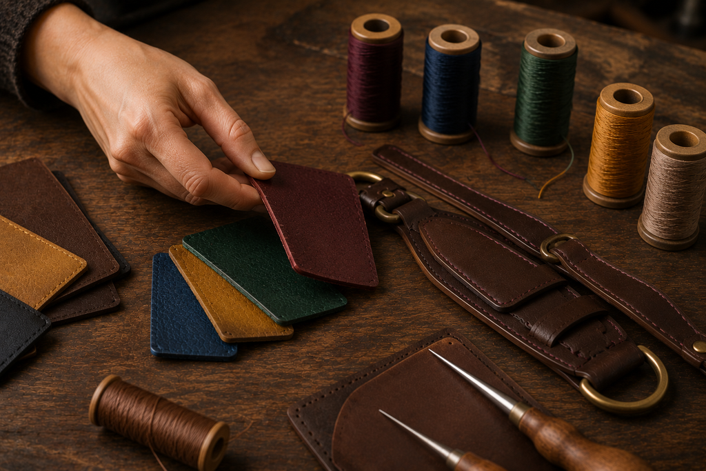 Sélection de cuirs et de fils colorés pour personnaliser les finitions d’une pièce en cuir