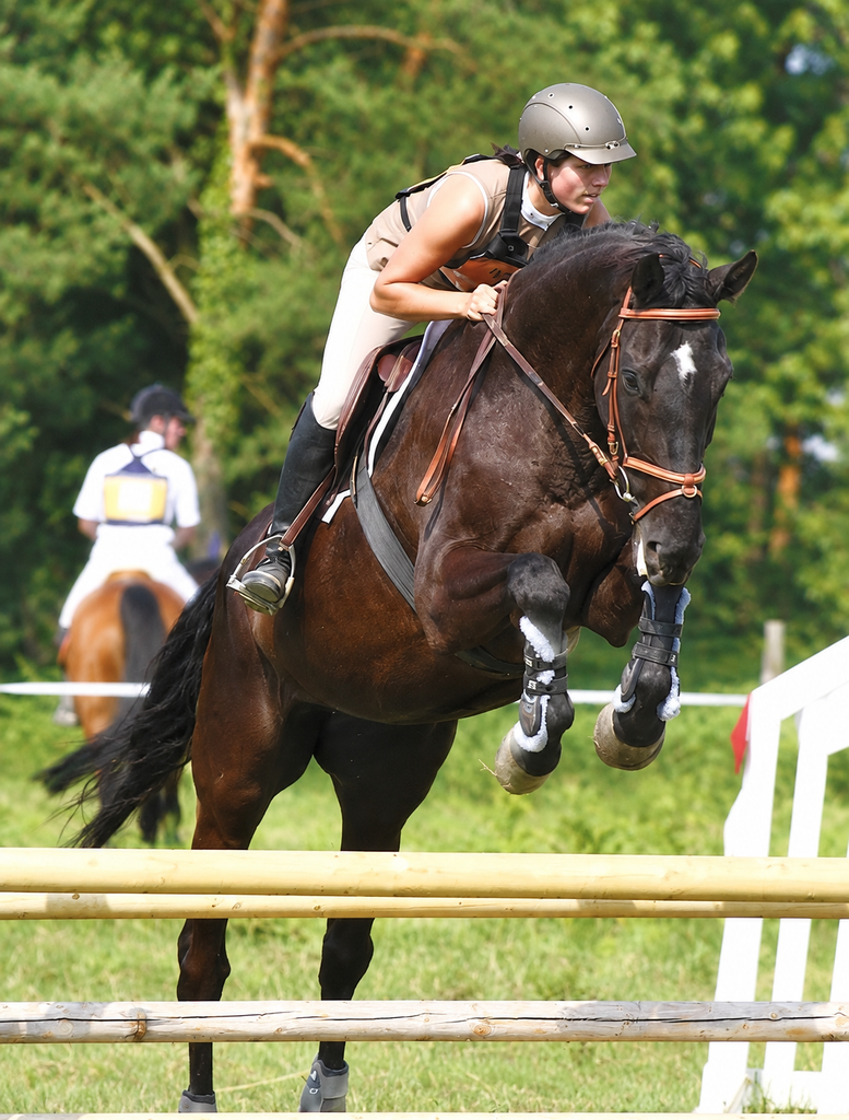 Cavalière et cheval franchissant un obstacle lors d’un concours complet