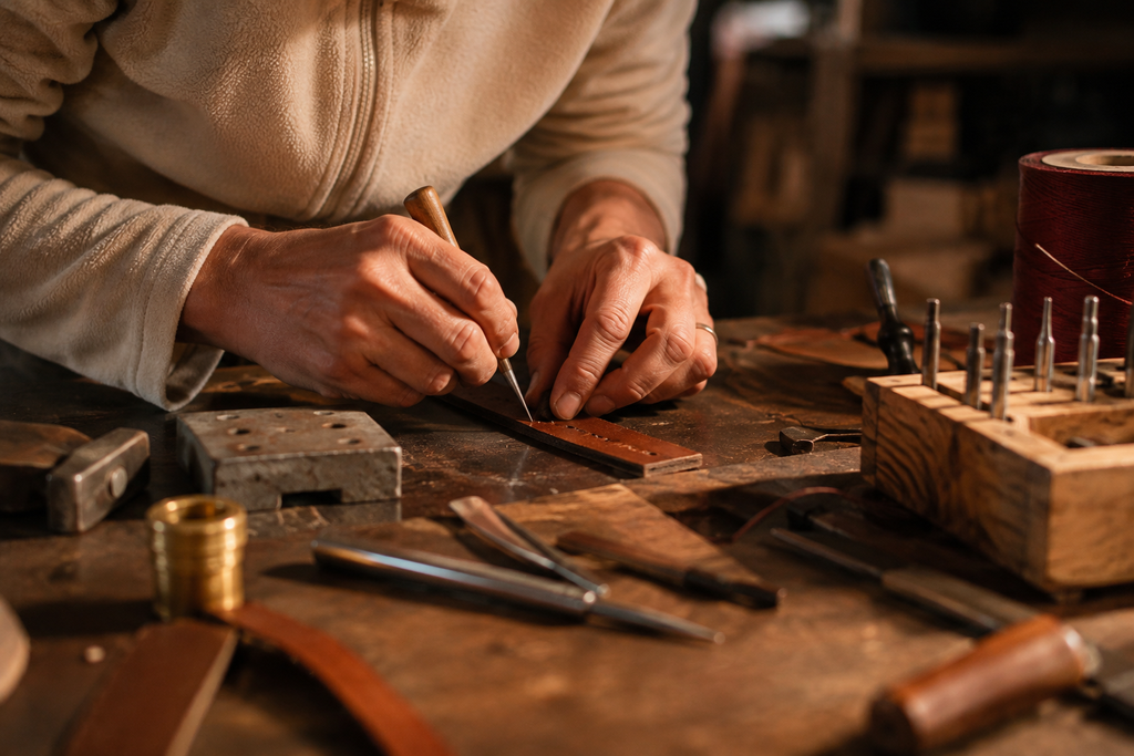 Travail artisanal du cuir à la main sur un établi de maroquinerie